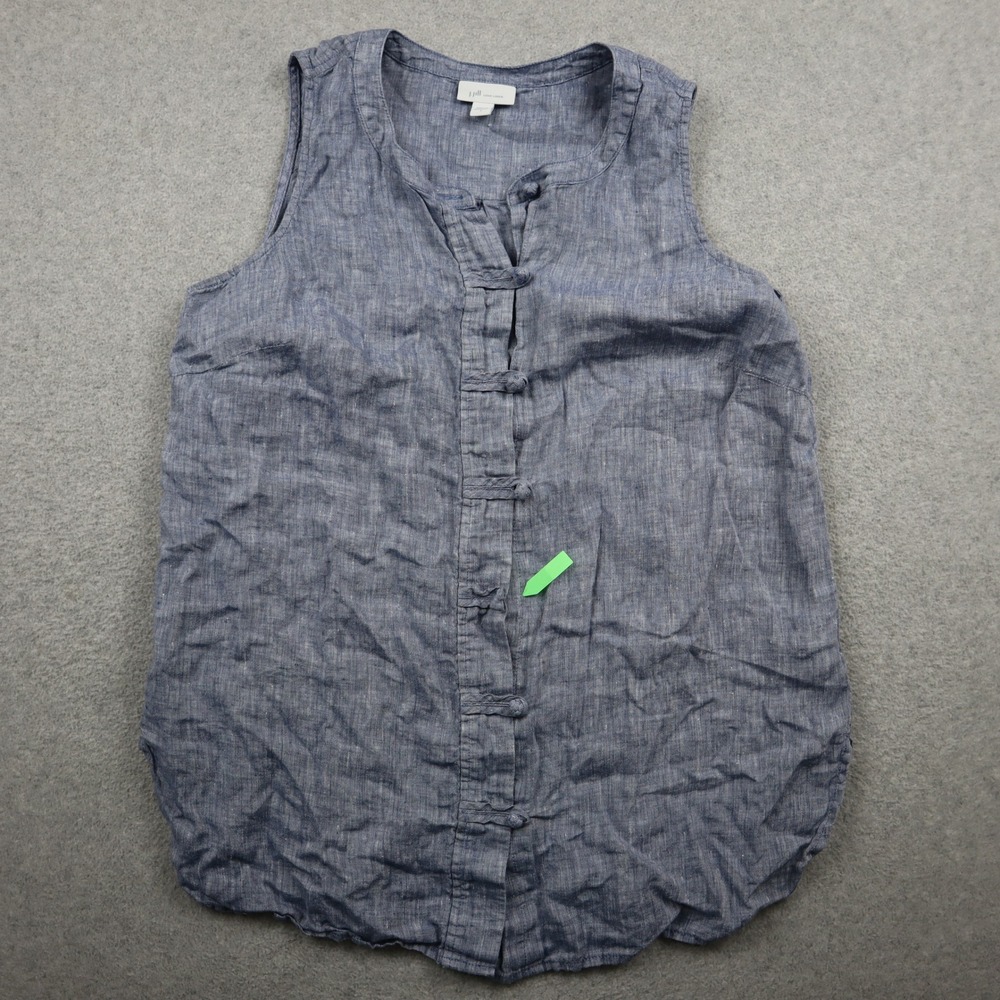 J. Jill Sleeveless Top Women S Love Linen Frog Button Blue Chambray Tank Blouse